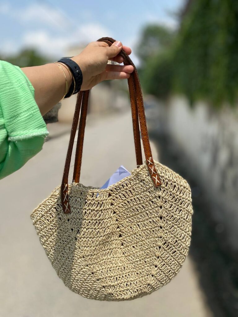 کیف رافیا مدل لاله با دسته چرمی